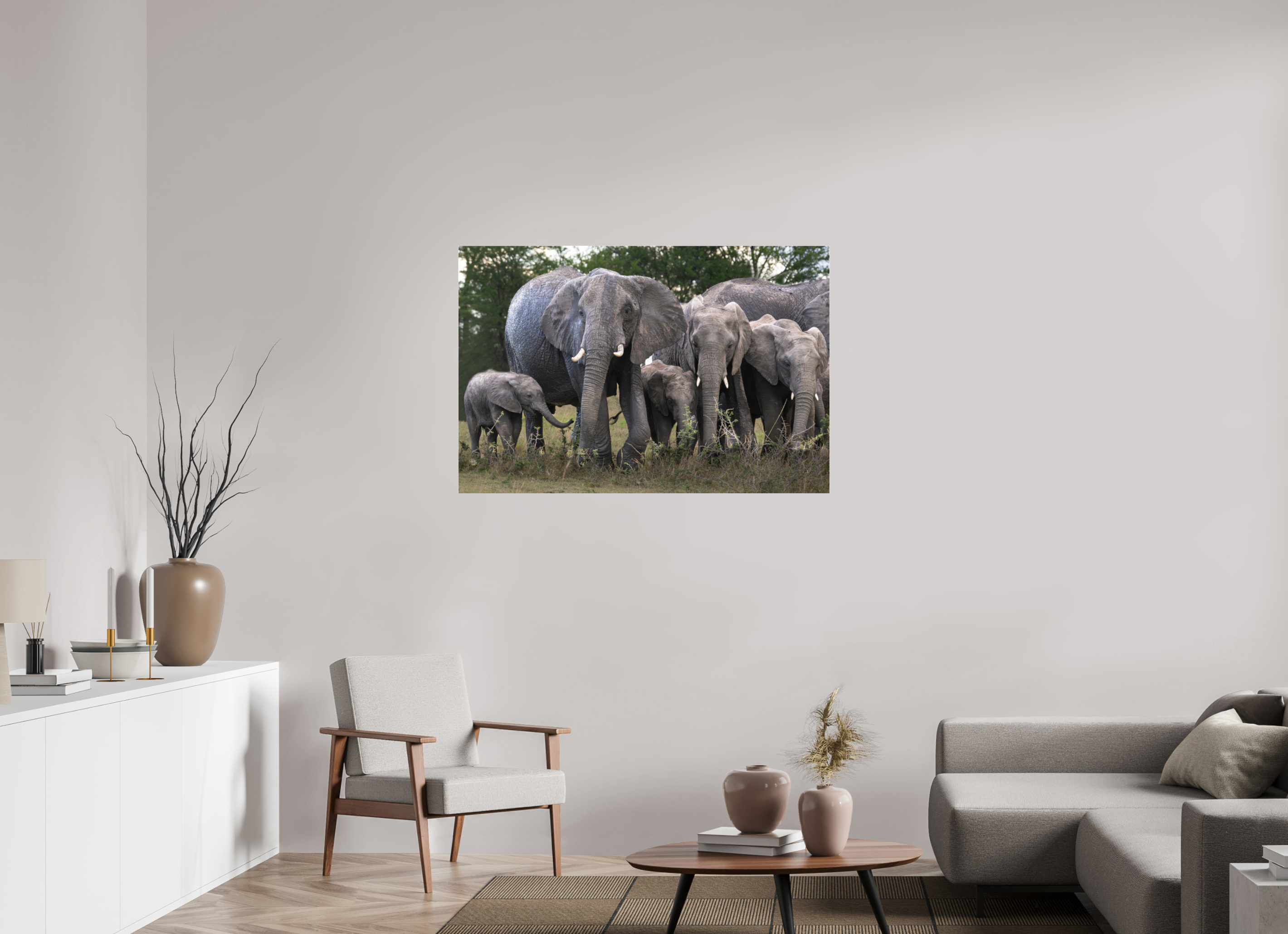 120 x 80 cm, Photo Print Under Acrylic Glass Happy Elephant family (no frame)