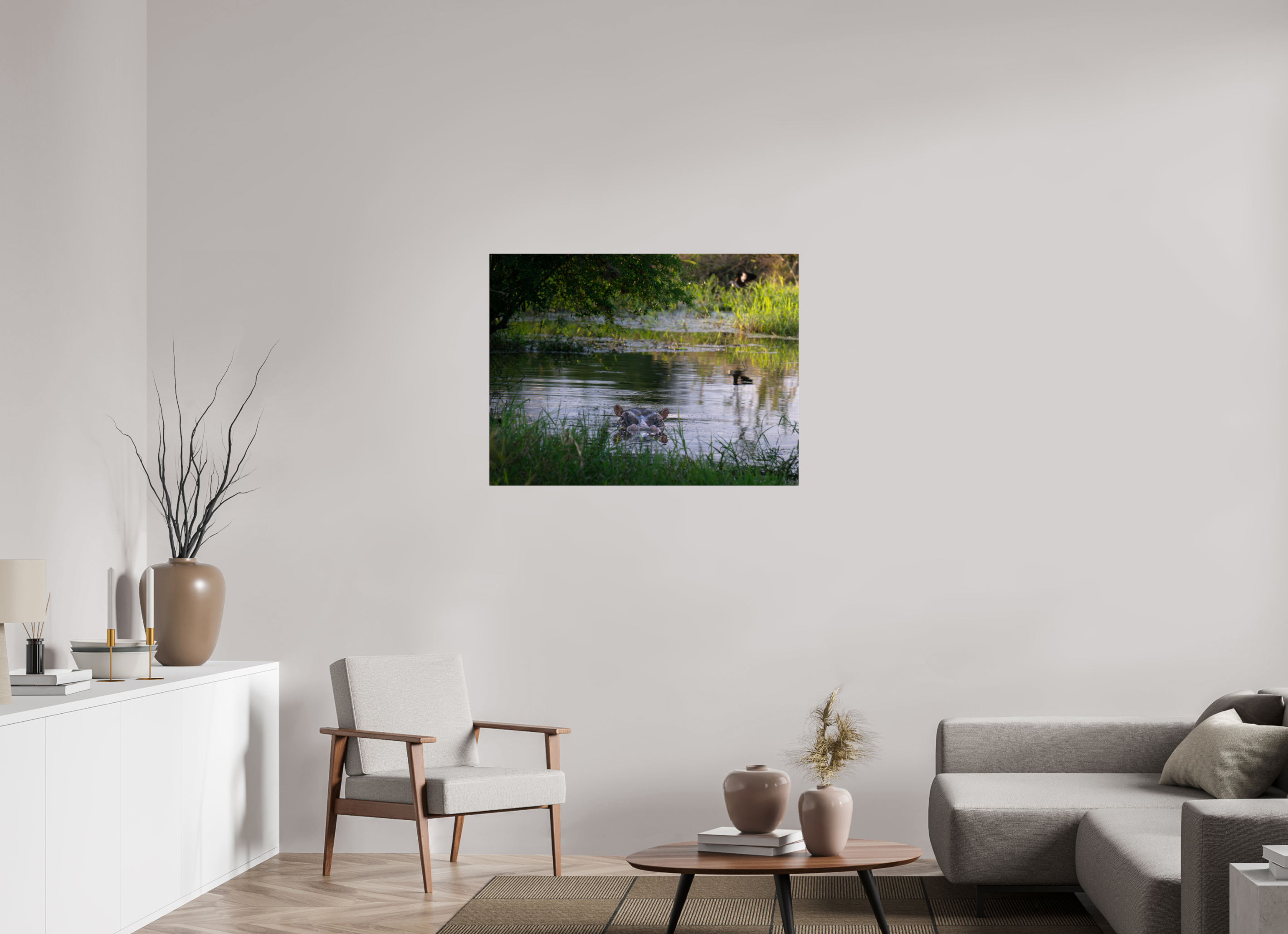 100 x 75 cm, Photo Print Under Acrylic Glass Hippo in the pond