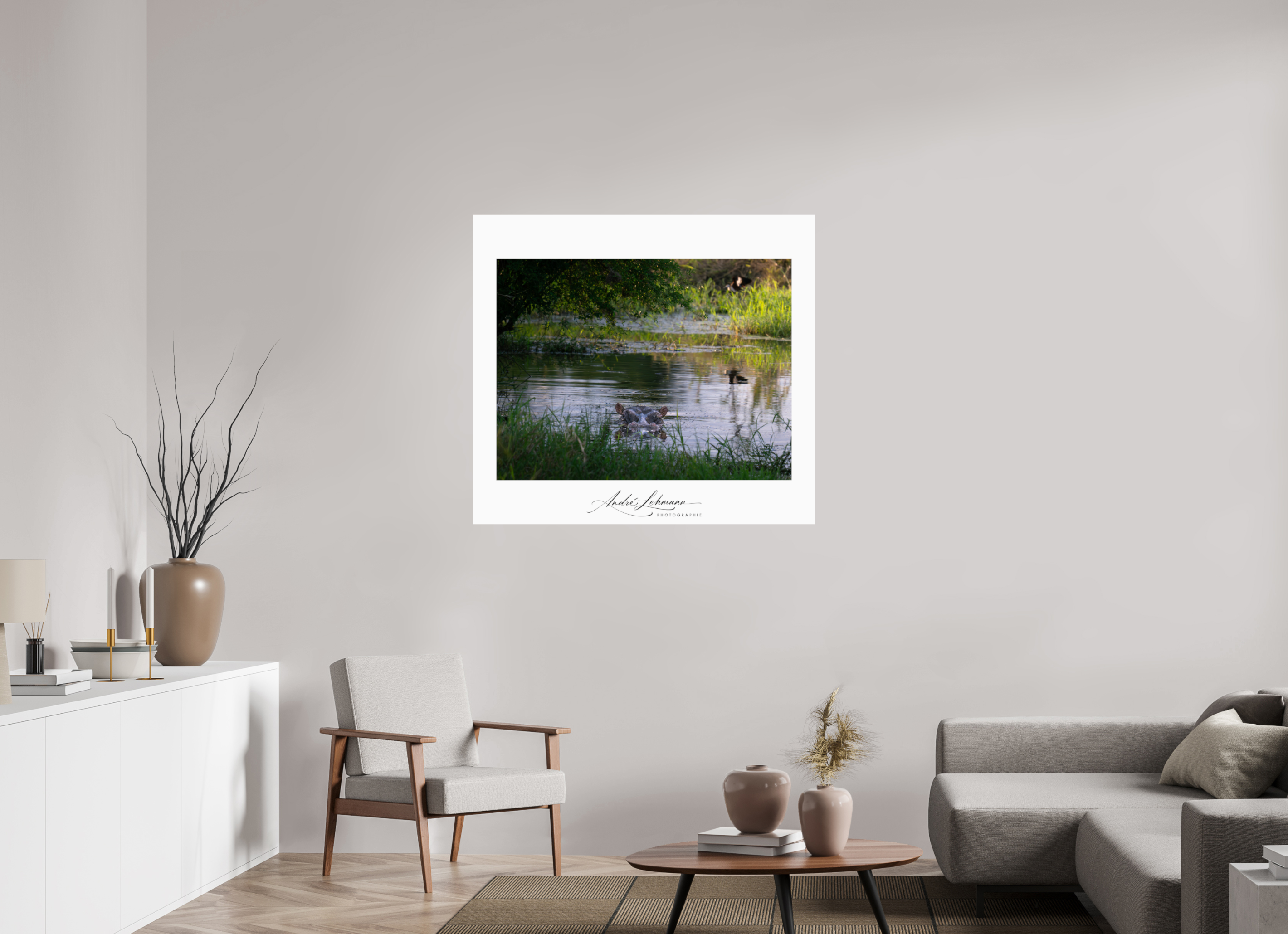 110.4 x 100 cm, Photo Print Under Acrylic Glass Hippo in the pond