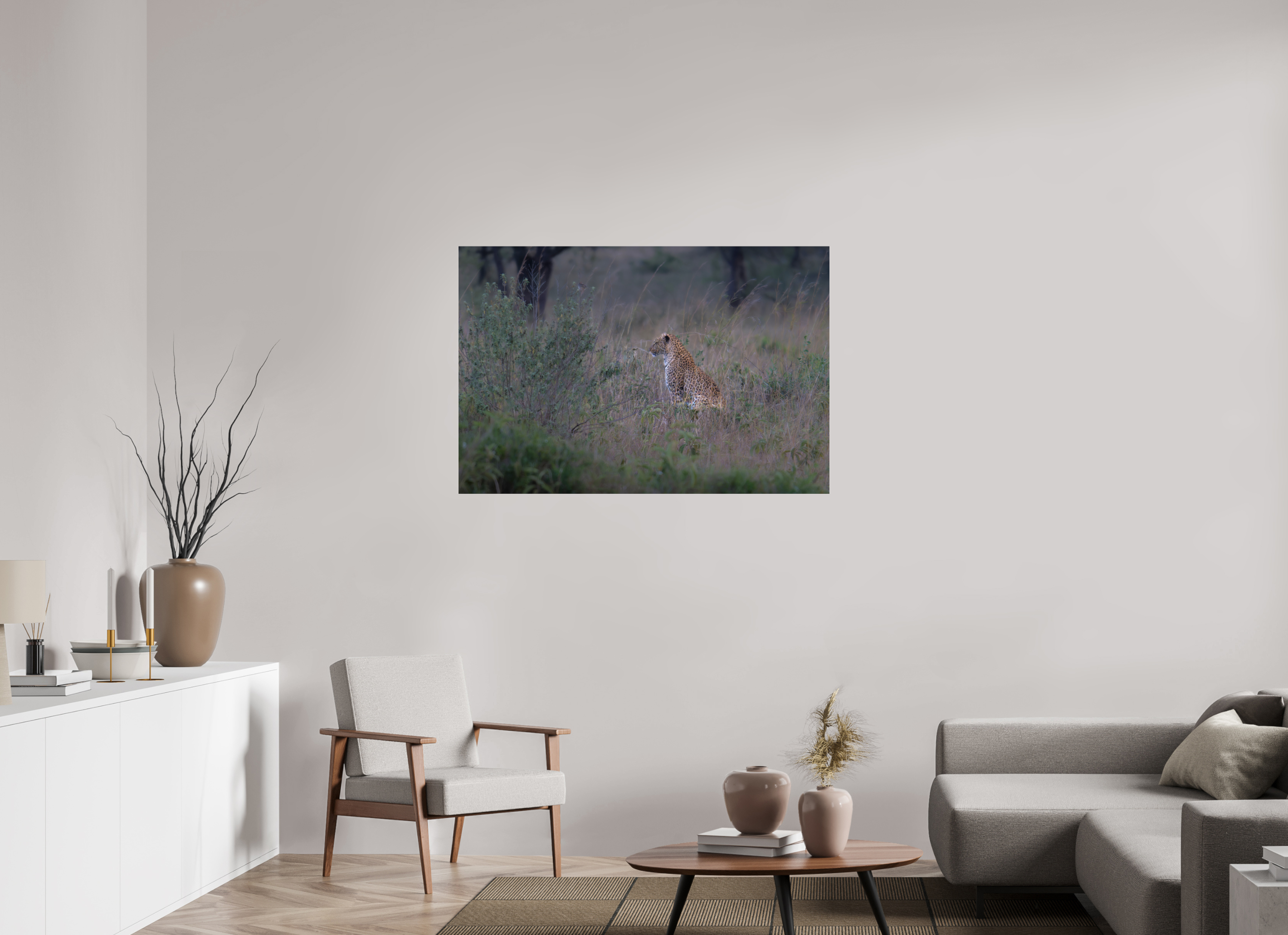 120 x 80 cm, Photo Print Under Acrylic Glass Leopard in high grass (no frame)