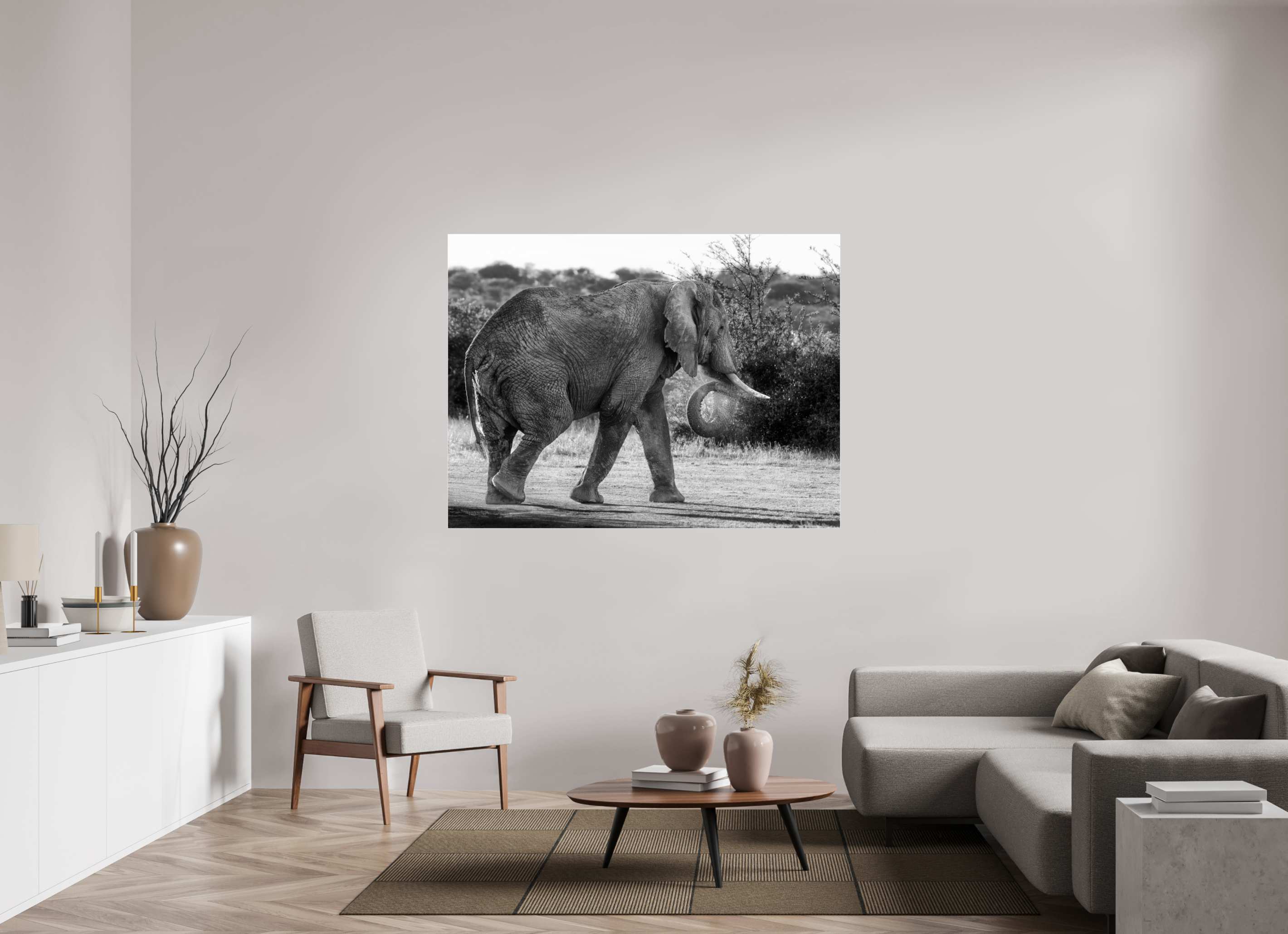 160 x 120 cm, Photo Print Under Acrylic Glass Elephant black and white (no frame)
