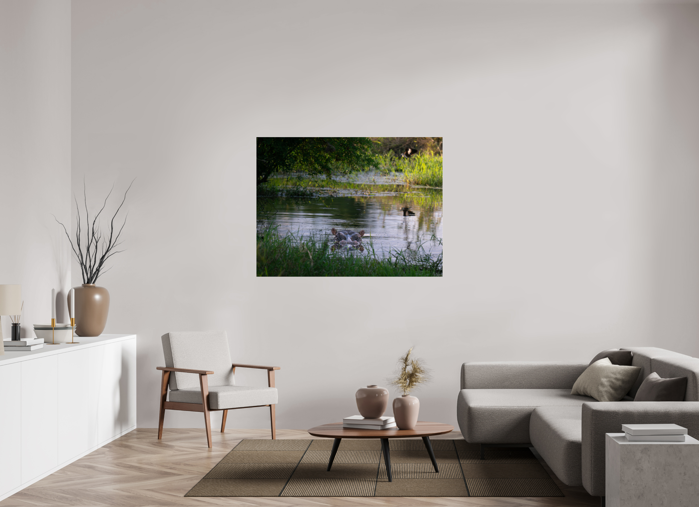 140 x 105 cm, Photo Print Under Acrylic Glass Hippo in the pond