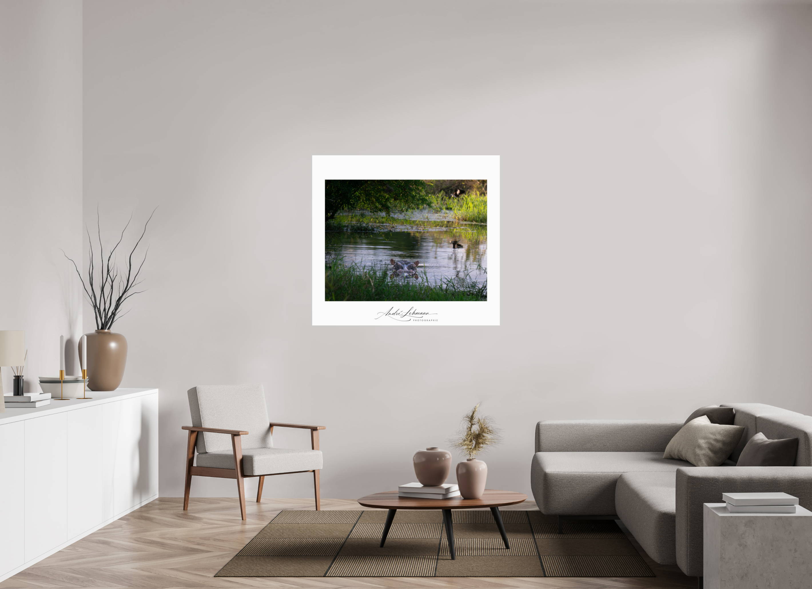 121.4 x 110 cm, Photo Print Under Acrylic Glass Hippo in the pond