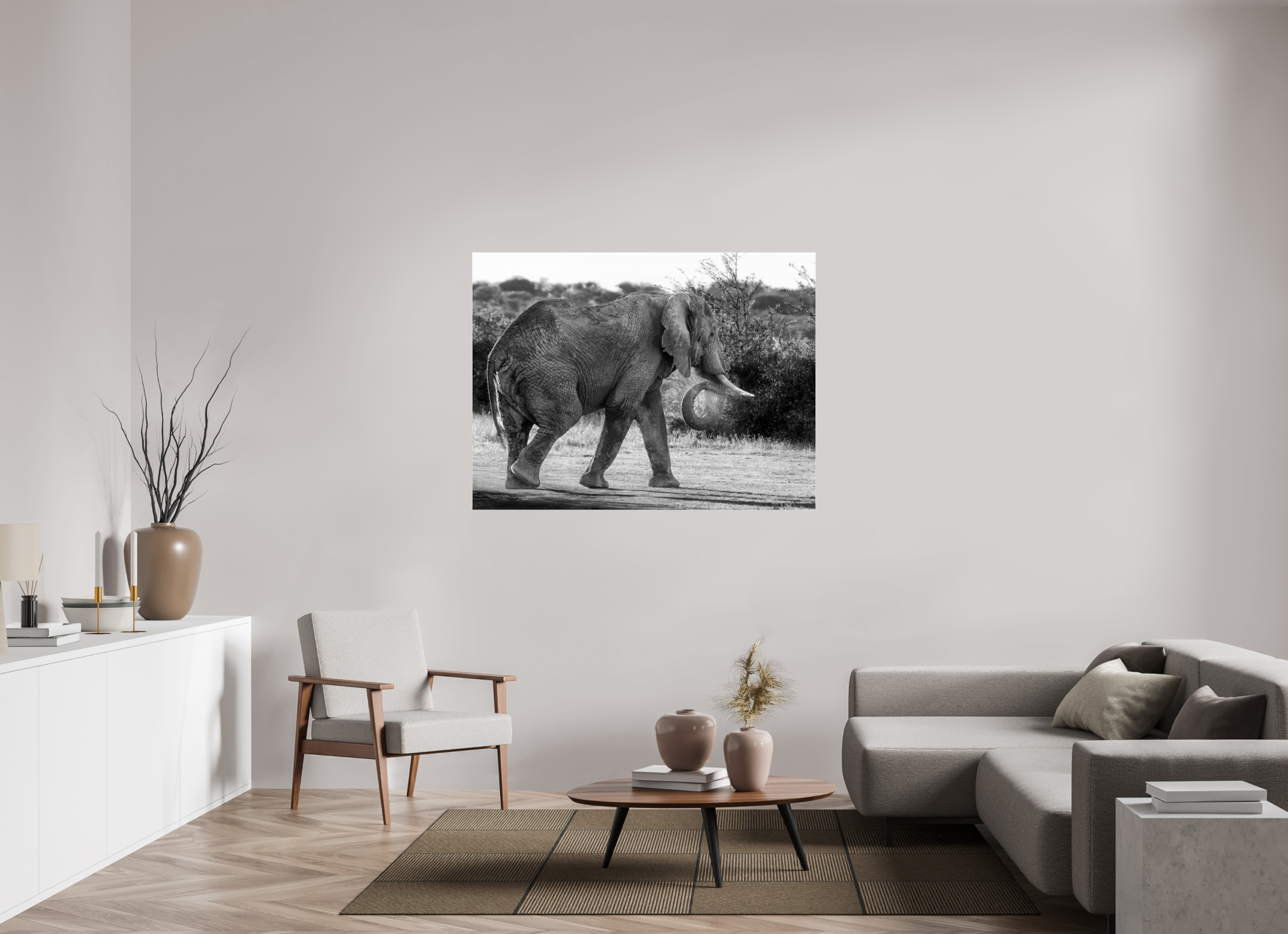 140 x 105 cm, Photo Print Under Acrylic Glass Elephant black and white (no frame)