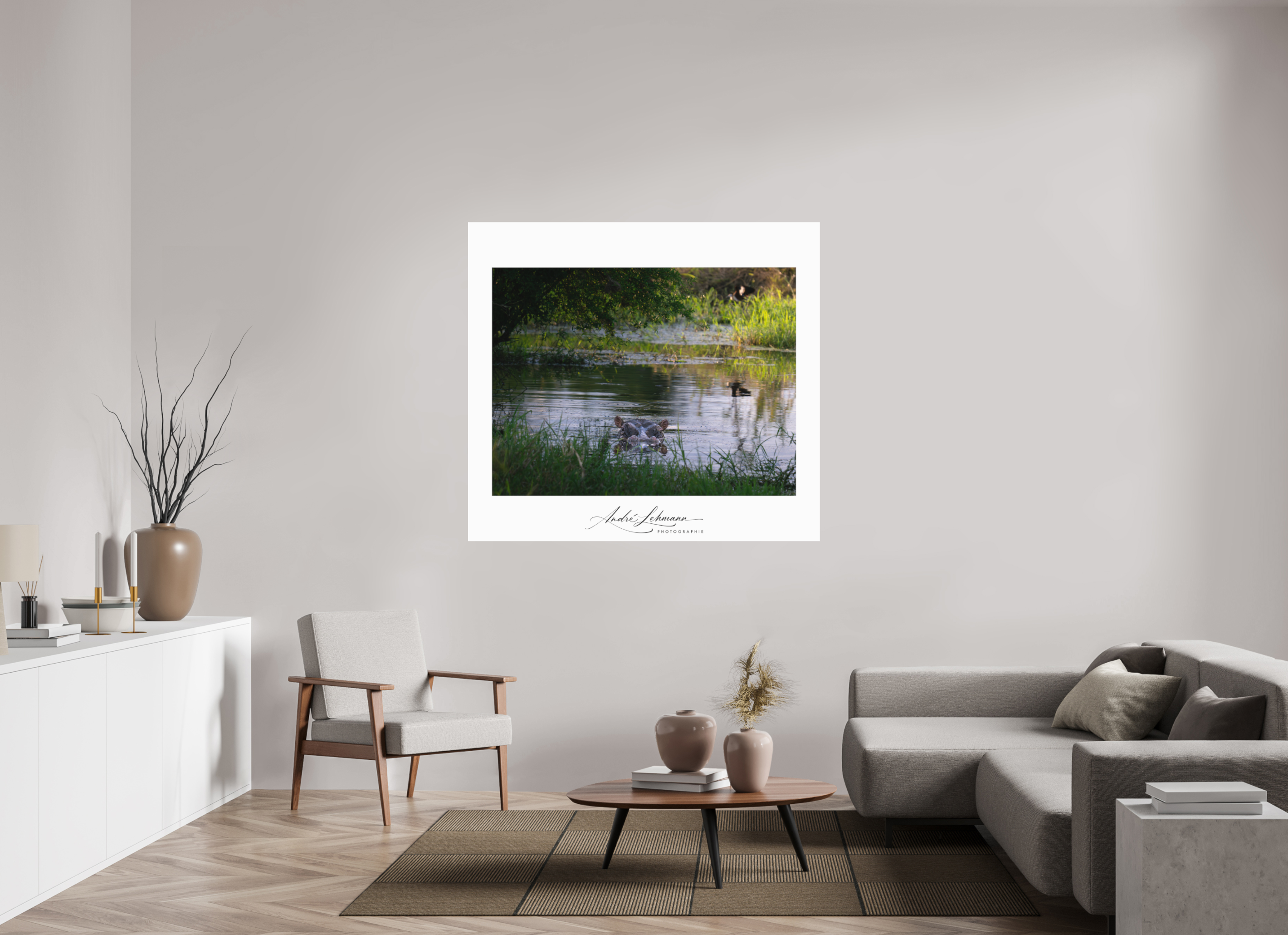 143.5 x 130 cm, Foto-Druck auf Alu-Dibond Hippo in the pond (Alu dibond)