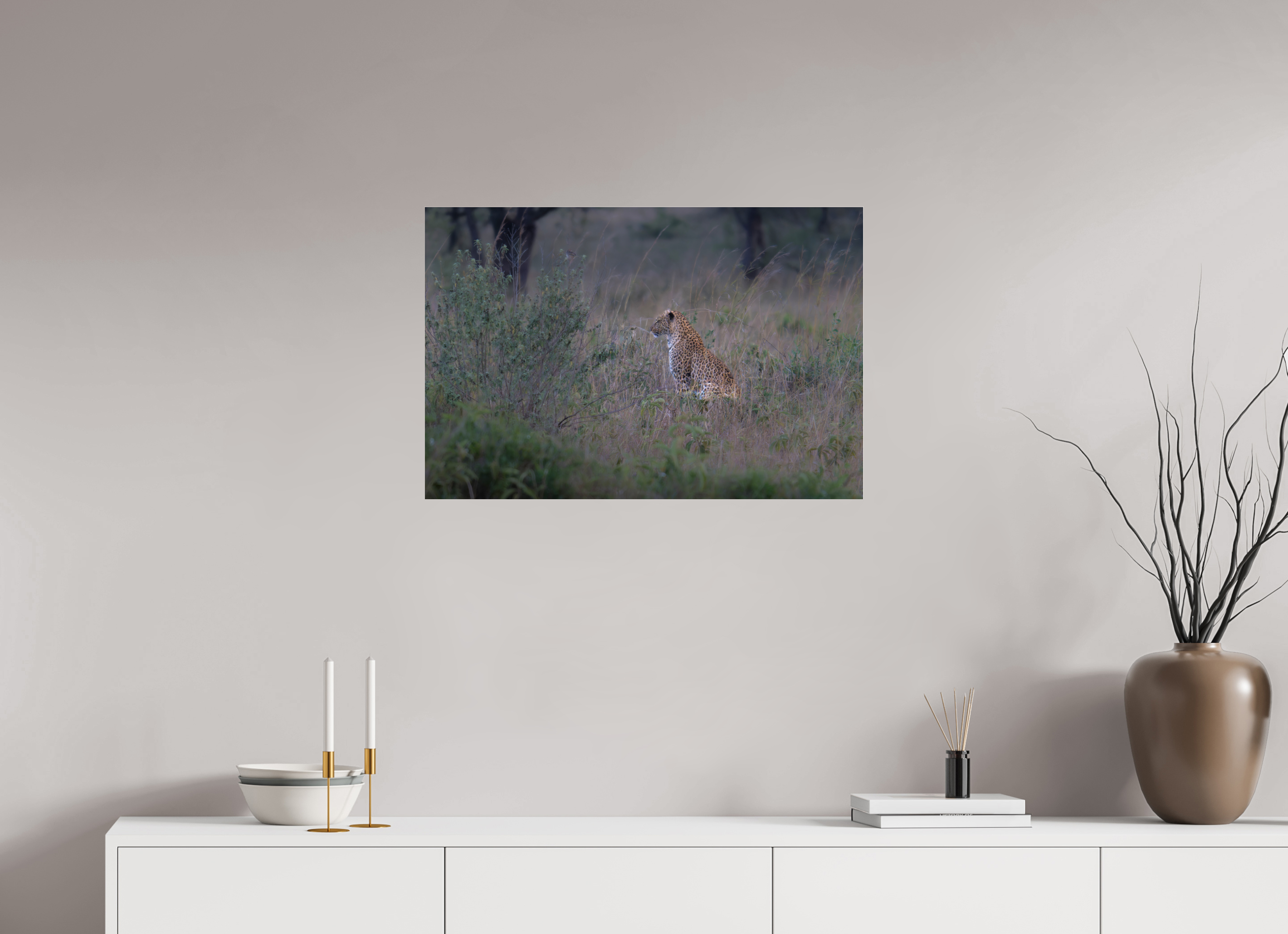75 x 50 cm, Photo Print Under Acrylic Glass Leopard in high grass (no frame)