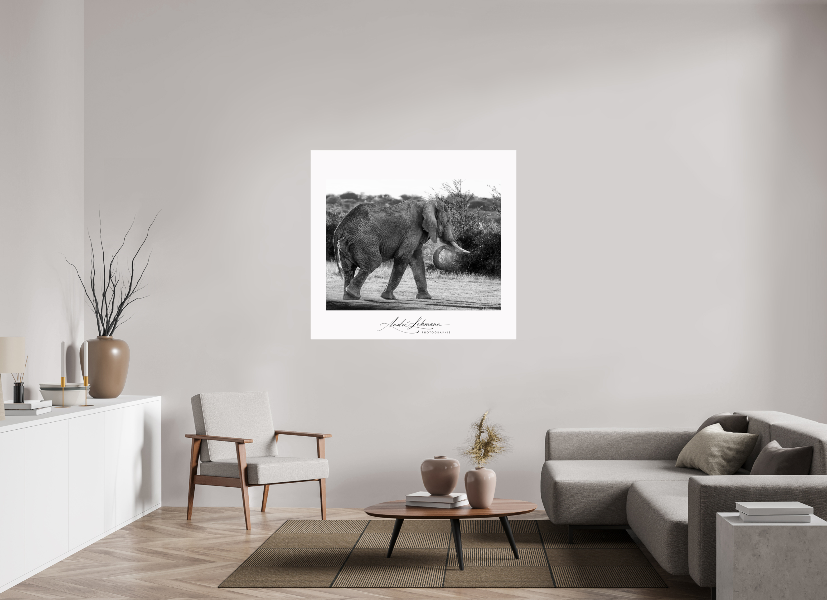 130.6 x 120 cm, Photo Print Under Acrylic Glass Elephant black and white