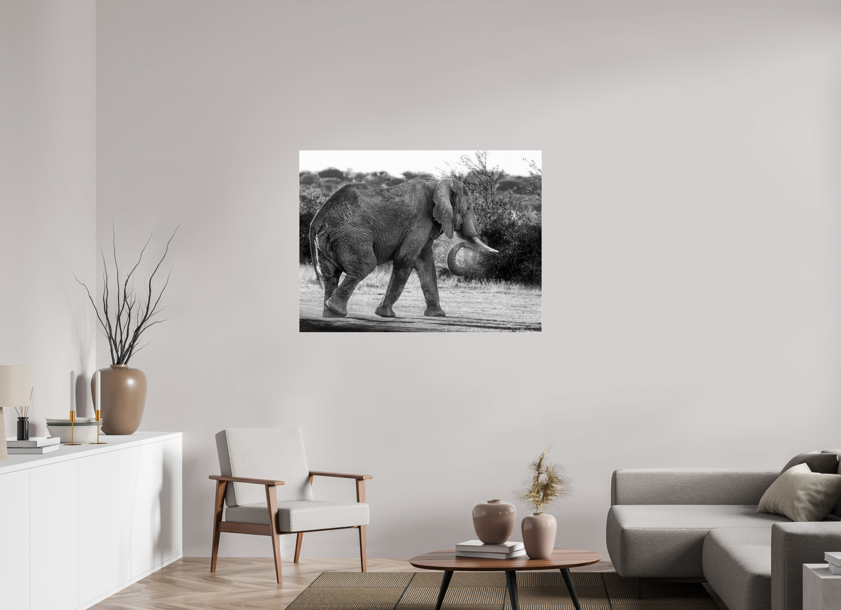 120 x 90 cm, Photo Print Under Acrylic Glass Elephant black and white (no frame)