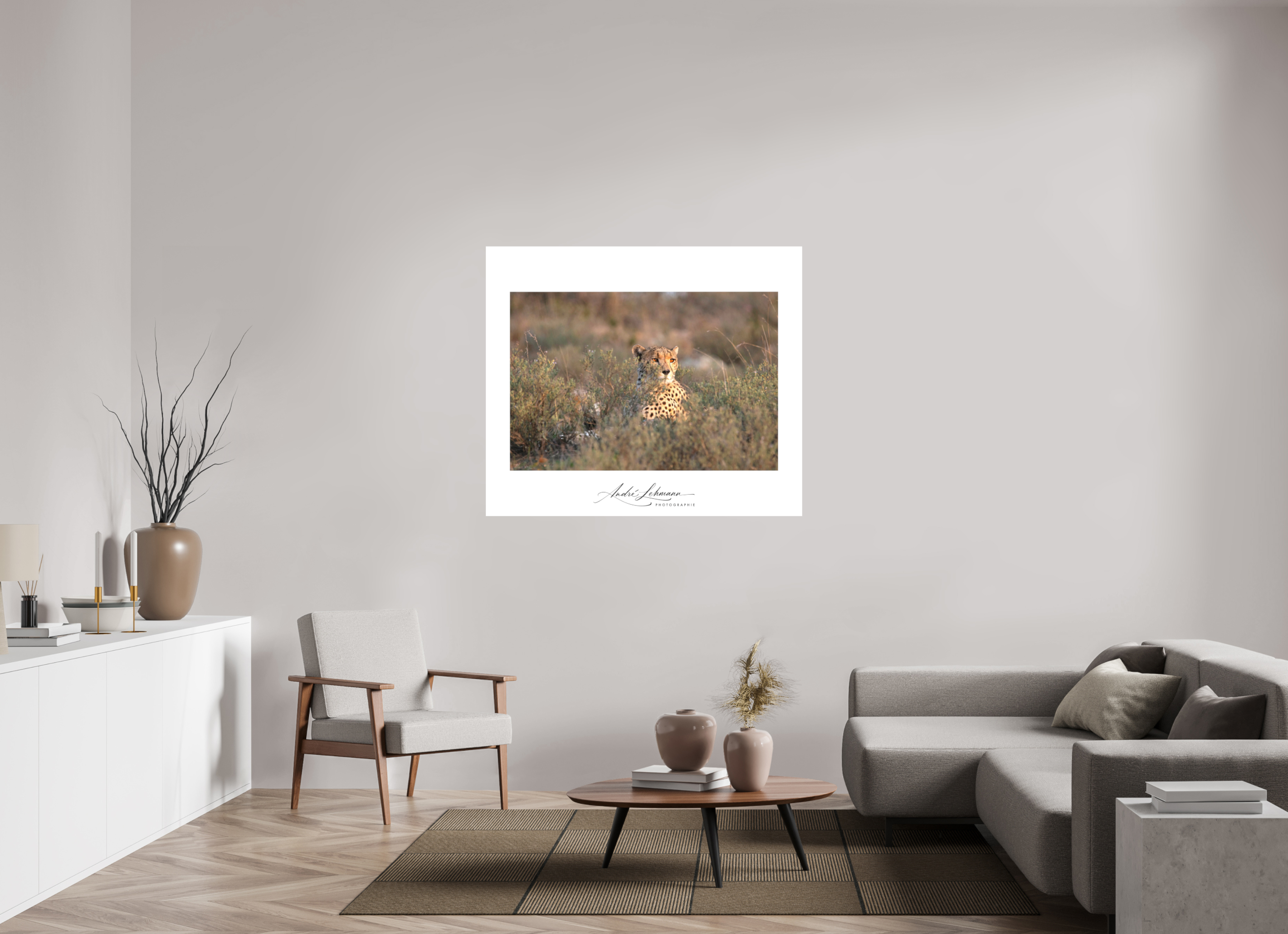 129 x 110 cm, Foto-Druck auf Alu-Dibond Cheetah in the grass