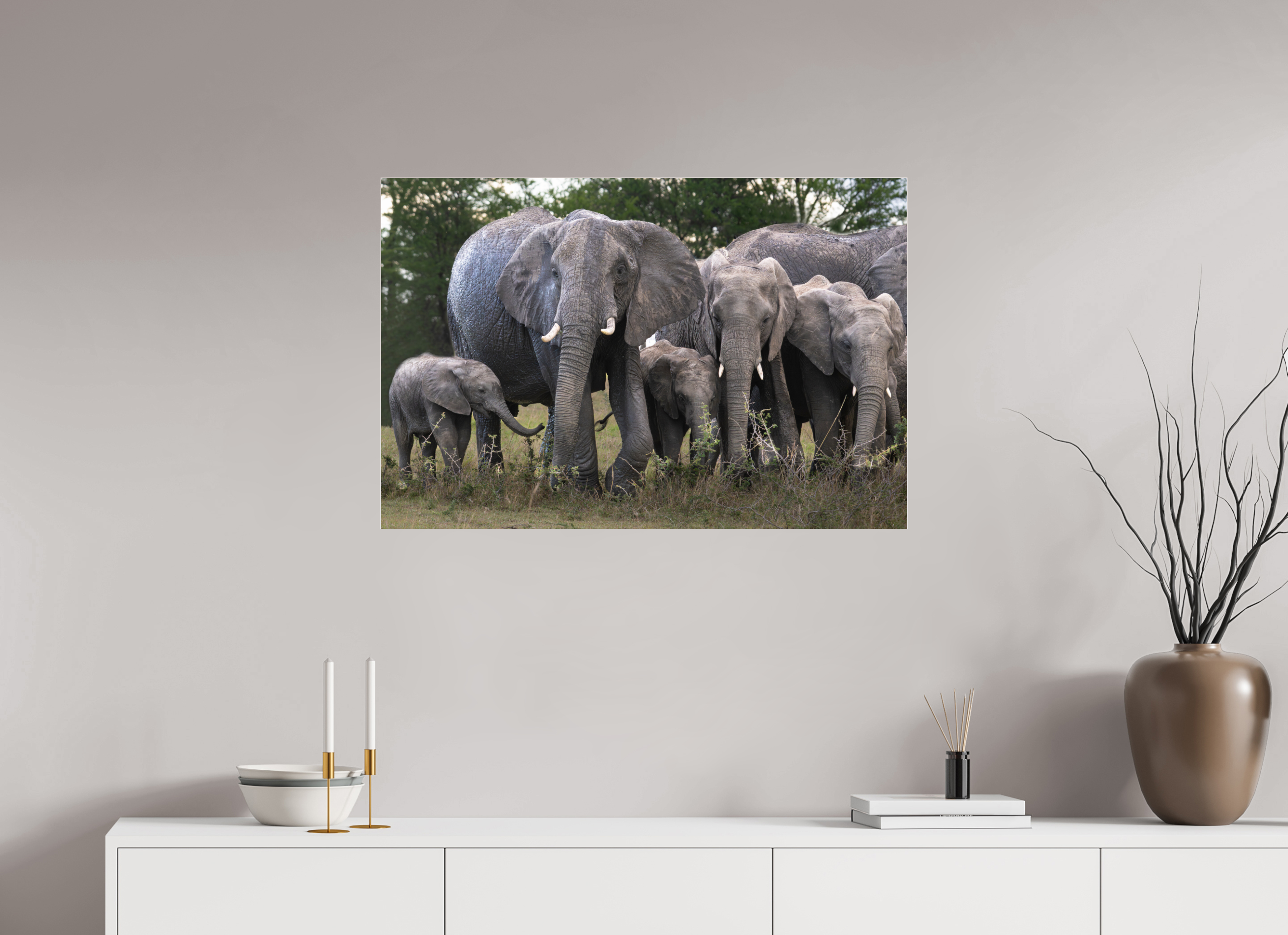 90 x 60 cm, Photo Print Under Acrylic Glass Happy Elephant family (no frame)