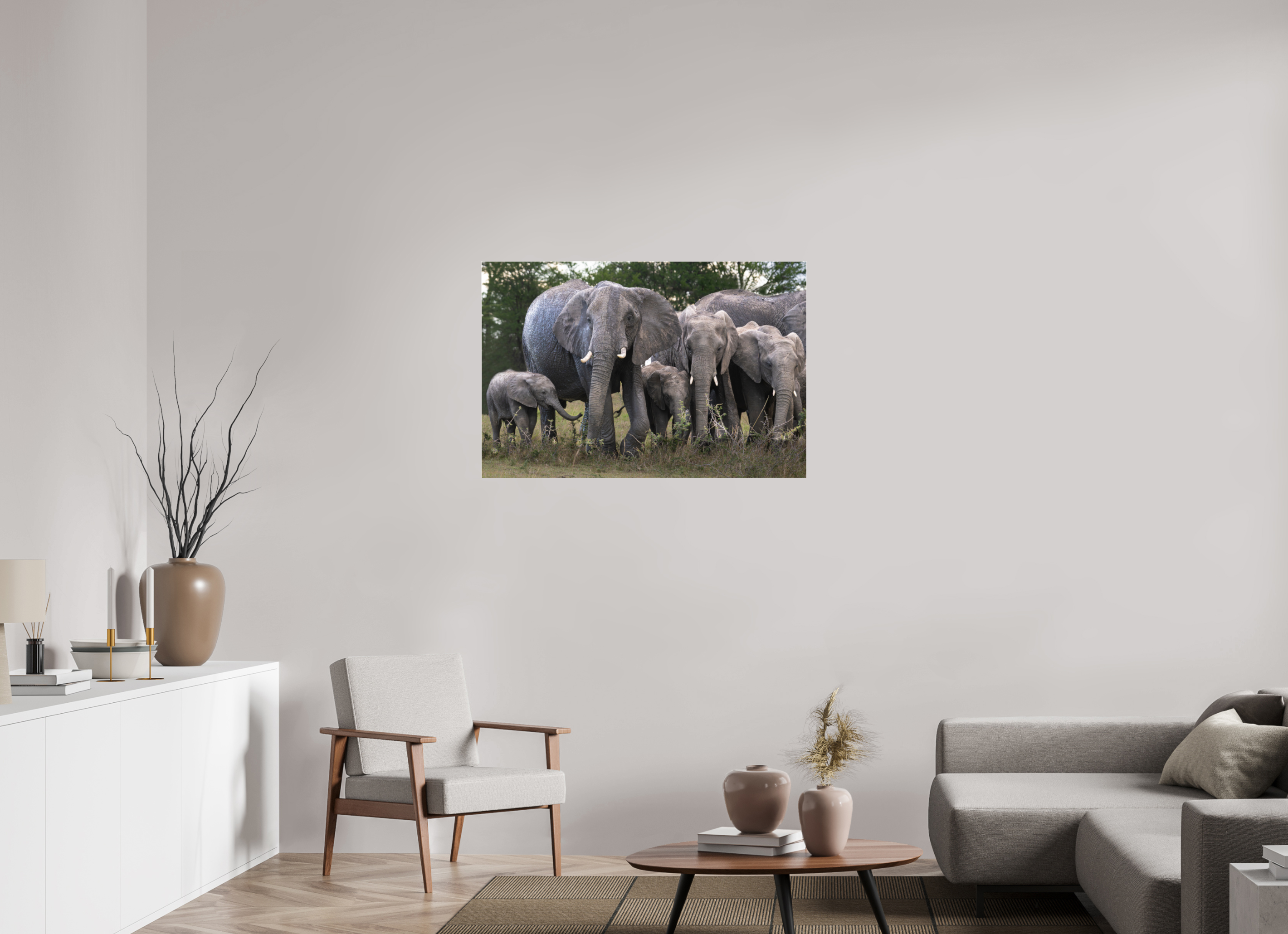 105 x 70 cm, Photo Print Under Acrylic Glass Happy Elephant family (no frame)