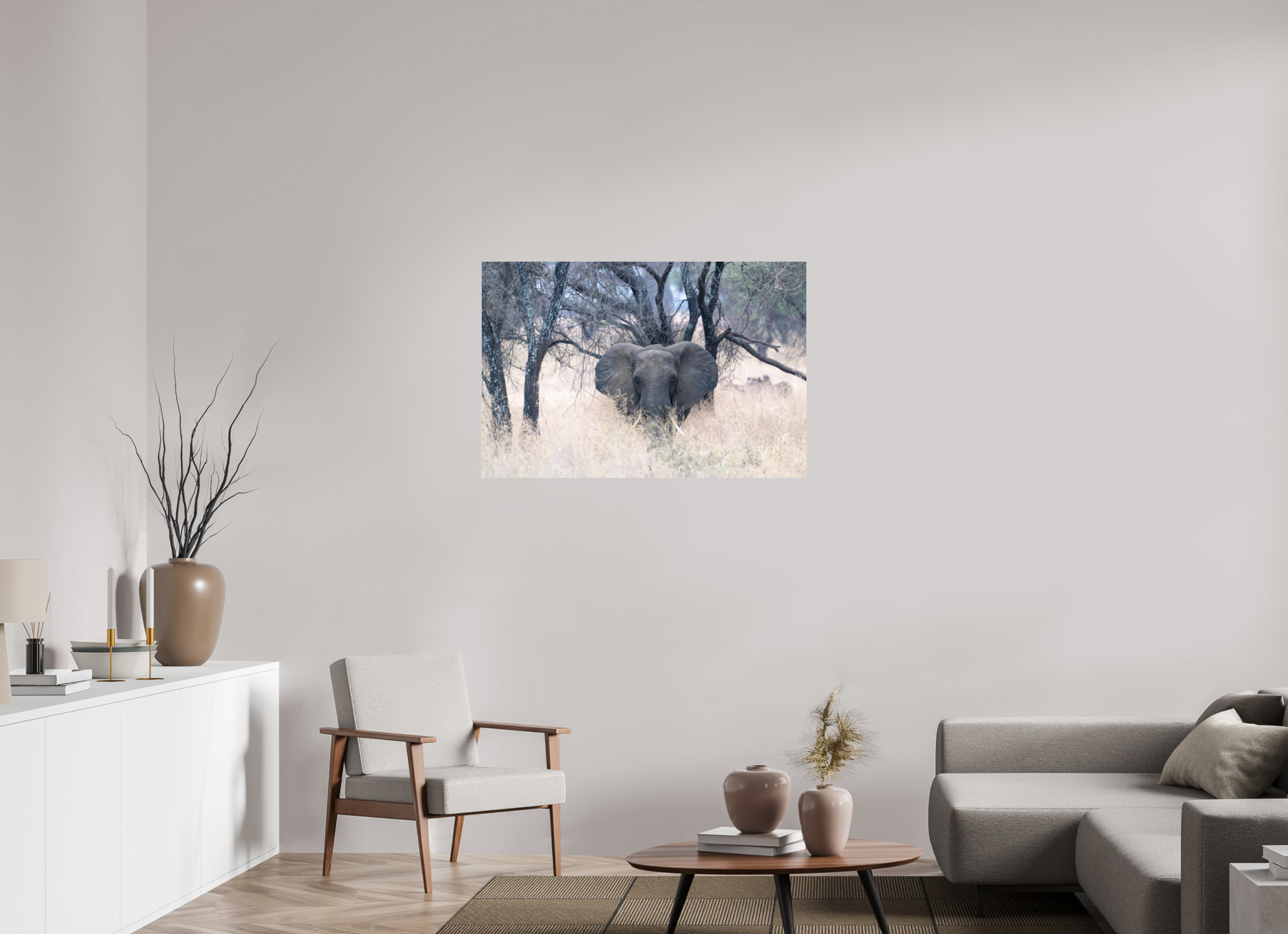105 x 70 cm, Photo Print Under Acrylic Glass Elephant in the Savanna (no frame)