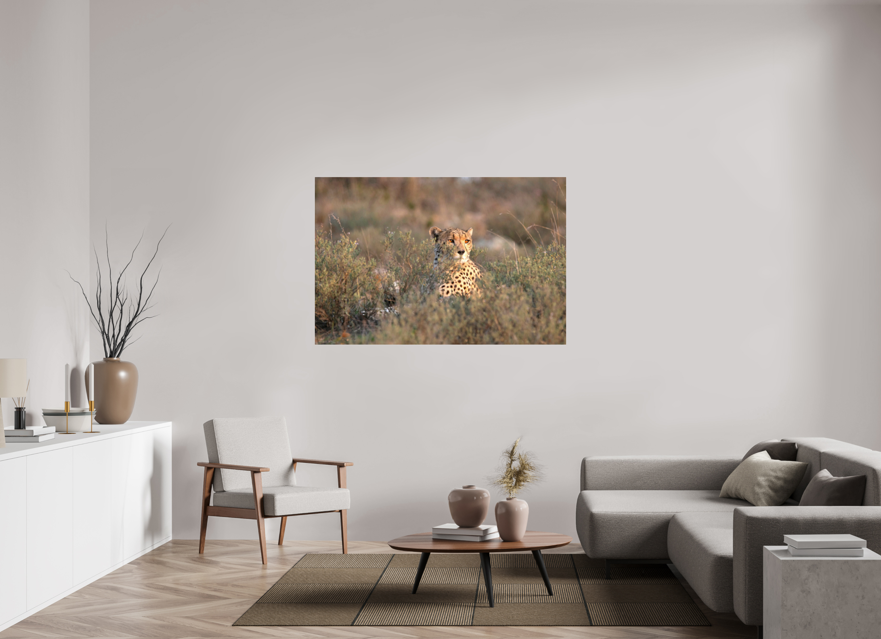 150 x 100 cm, Photo Print Under Acrylic Glass Cheetah in the grass (no frame)