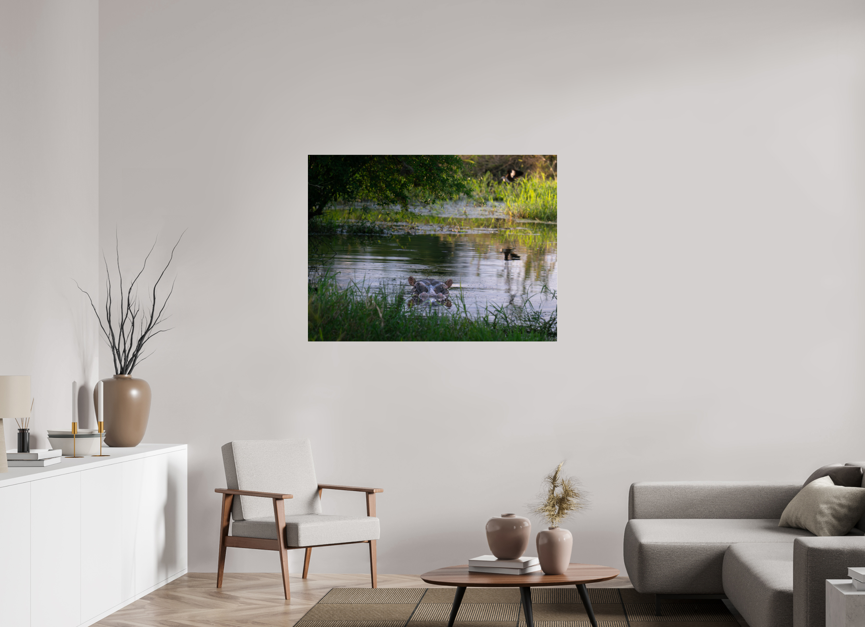 120 x 90 cm, Photo Print Under Acrylic Glass Hippo in the pond