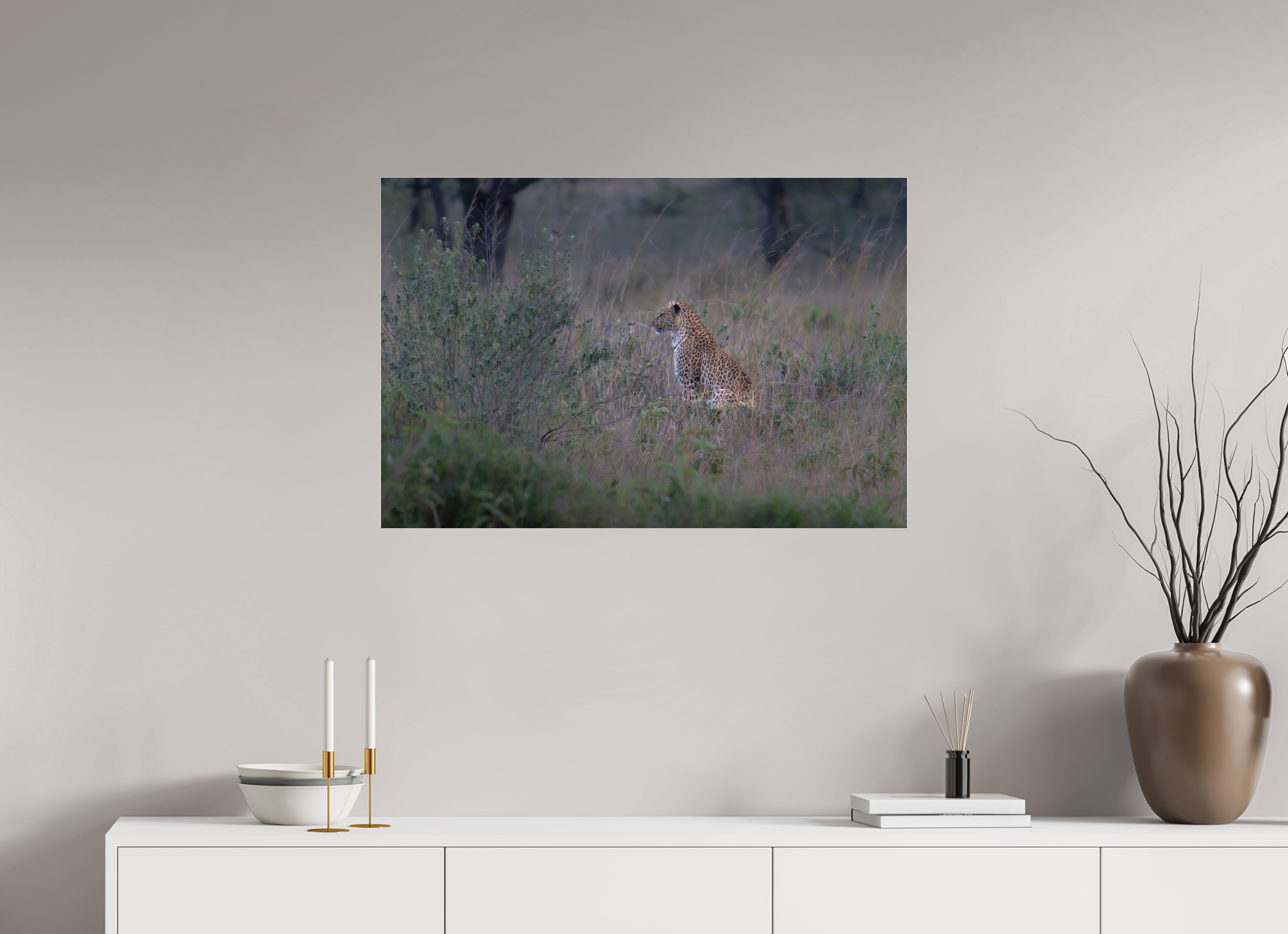 90 x 60 cm, Photo Print Under Acrylic Glass Leopard in high grass (no frame)
